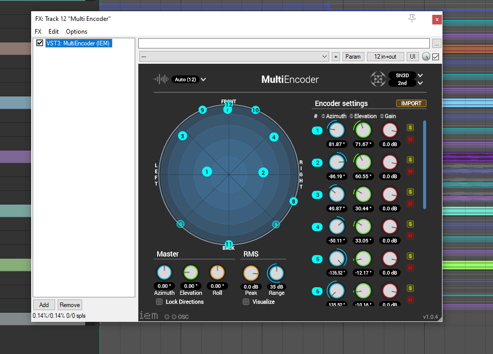 IEM MultiEncoder showing source positions and azimuth and elevation settings
