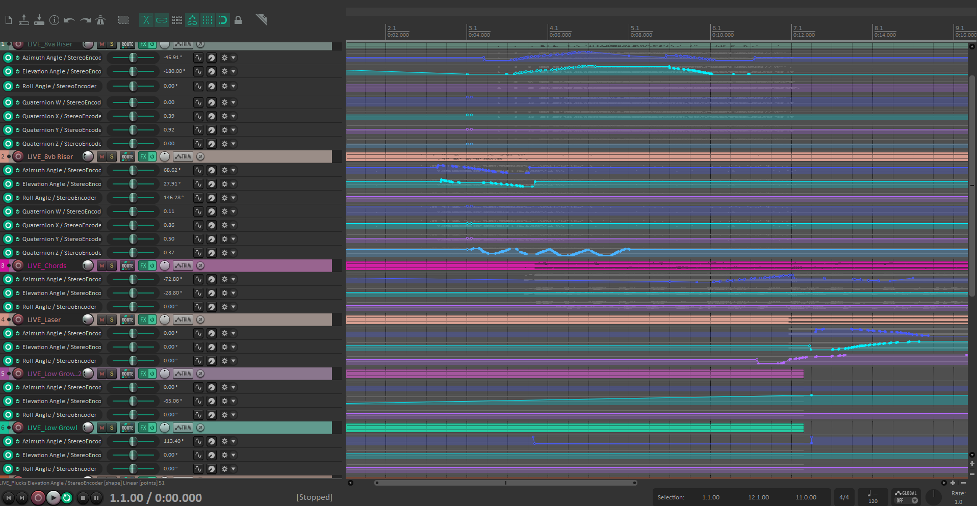 REAPER session with azimuth, elevation, and rotation automation across sound-effect tracks